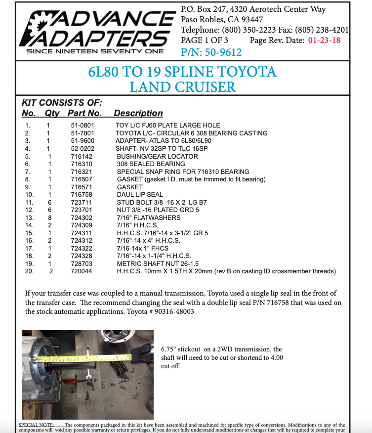 Advanced Adapters - 6L80 To Toyota Land Cruiser 19 Spline Kit - (50-9612)