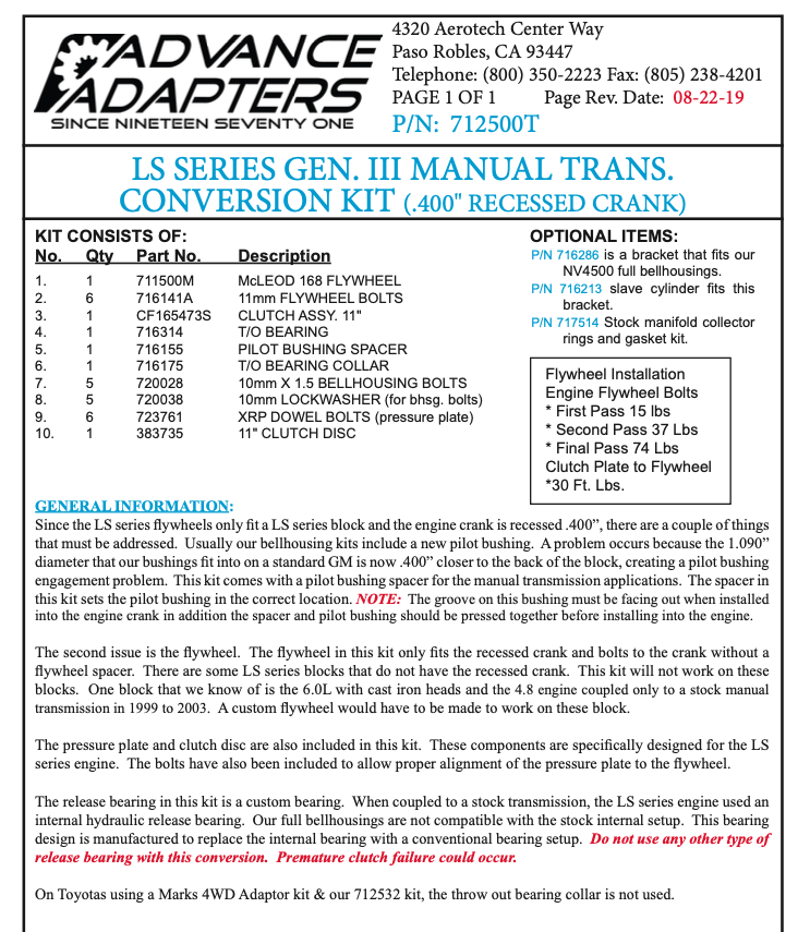 Advanced Adapters - Gen-3 Vortec TLC Manual Trans - (712500T)